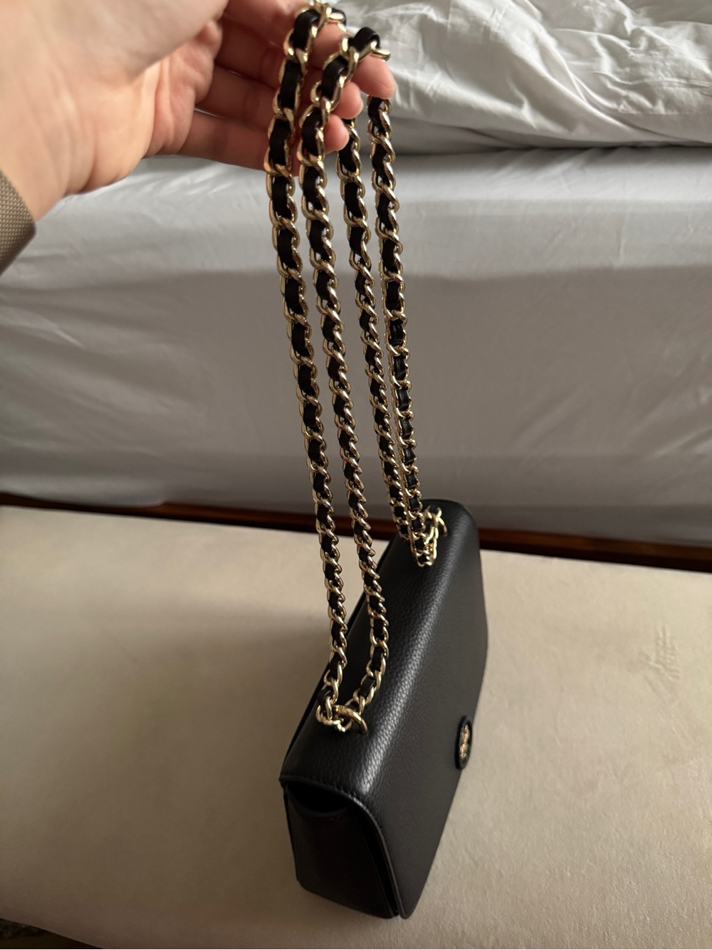 Tory Burch Black Leather Shoulder Bag with Gold Chain Strap
